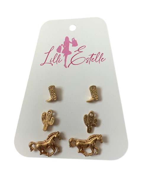 3 Set Assorted Western Stud Earrings Gold