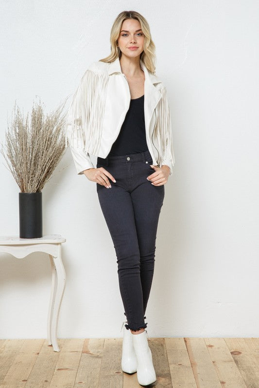 Load image into Gallery viewer, Faux Leather Moto Fringe Jacket
