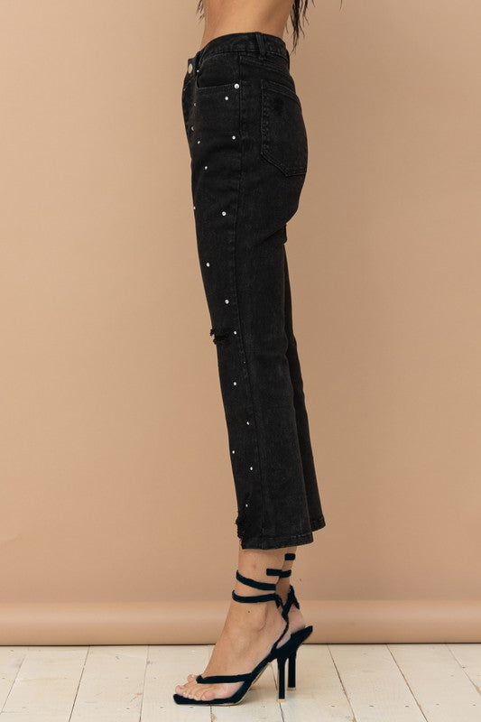 Load image into Gallery viewer, Studded Rhinestone Distressed Denim Jeans
