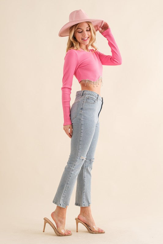 Load image into Gallery viewer, Studded Rhinestone Distressed Denim Jeans
