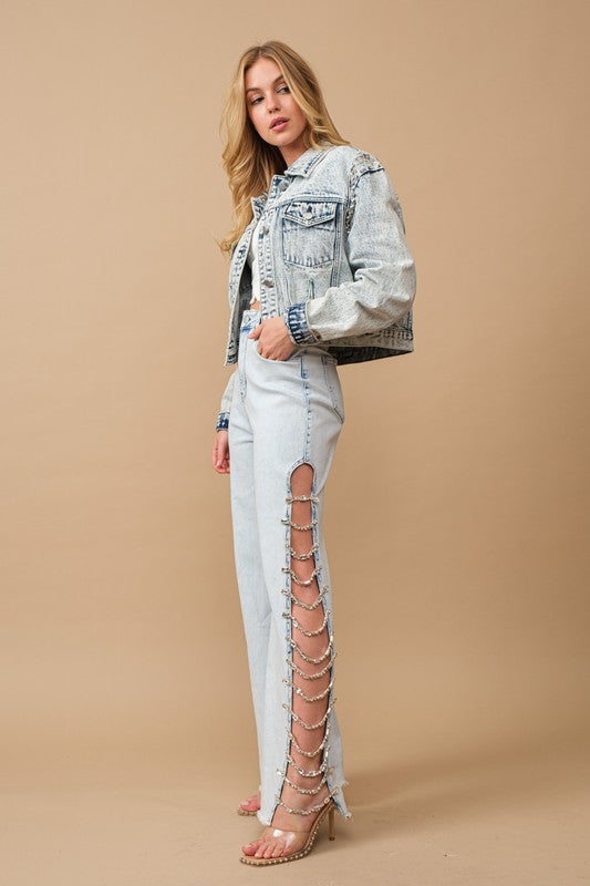 Load image into Gallery viewer, Cut Out At Side w/ Jewel Trim Stretch Denim Jeans
