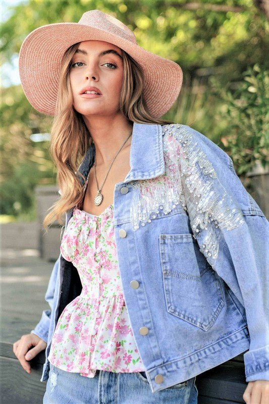 Load image into Gallery viewer, Mesh Stitching Nail Drill Button down Denim Jacket

