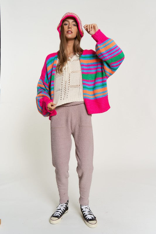 Chunky Knit Multi-Striped Open Sweater Cardigan