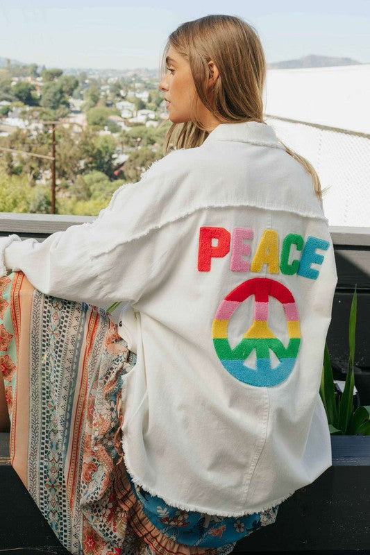 Load image into Gallery viewer, Multi Color Lettering Peace Symbol Button Up Shirt
