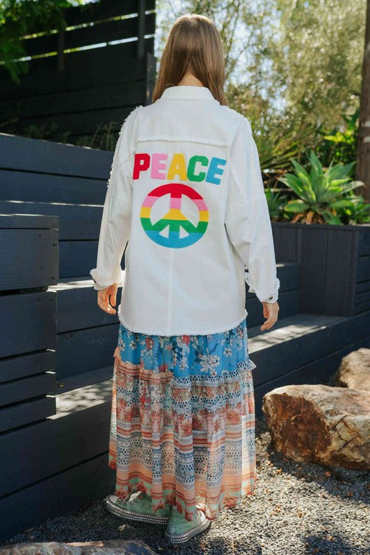 Load image into Gallery viewer, Multi Color Lettering Peace Symbol Button Up Shirt
