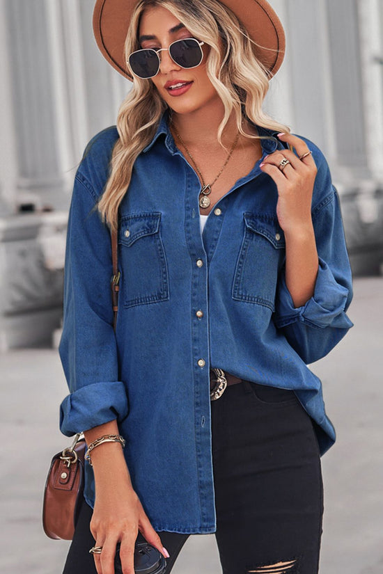 Load image into Gallery viewer, Collared Neck Dropped Shoulder Denim Top
