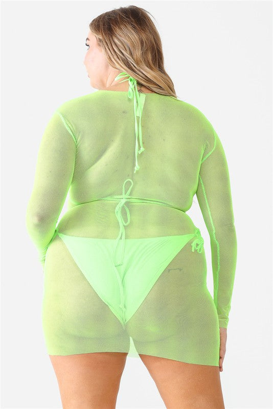 Load image into Gallery viewer, Lime 2 Piece Swimsuit &amp;amp; Mesh Cover Up Set
