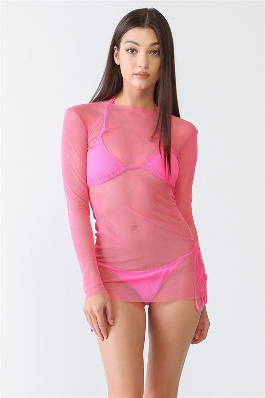 Pink 2 Piece Swimsuit & Mesh Cover Up Set
