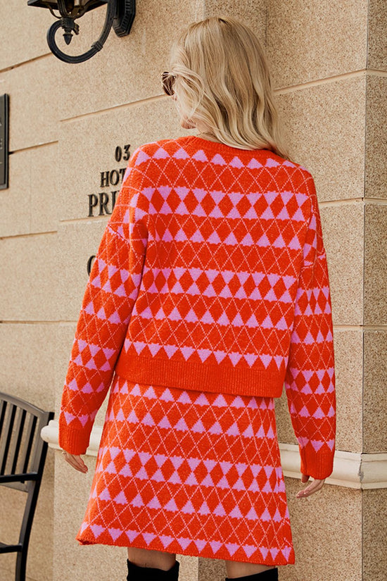 Load image into Gallery viewer, Geometric Dropped Shoulder Cardigan and Knit Skirt Set
