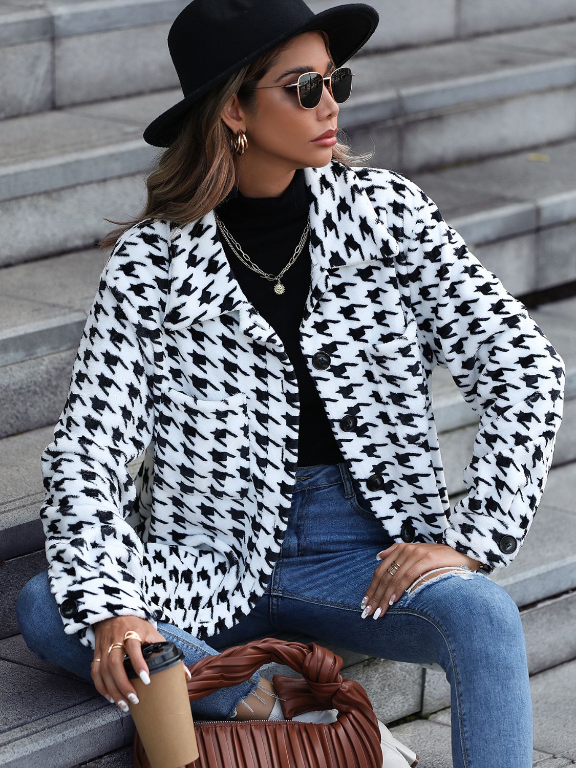 Load image into Gallery viewer, Houndstooth Button Down Jacket
