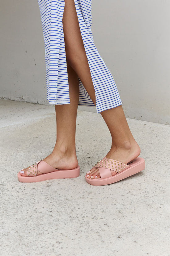 Load image into Gallery viewer, Forever Link Studded Cross Strap Sandals in Blush
