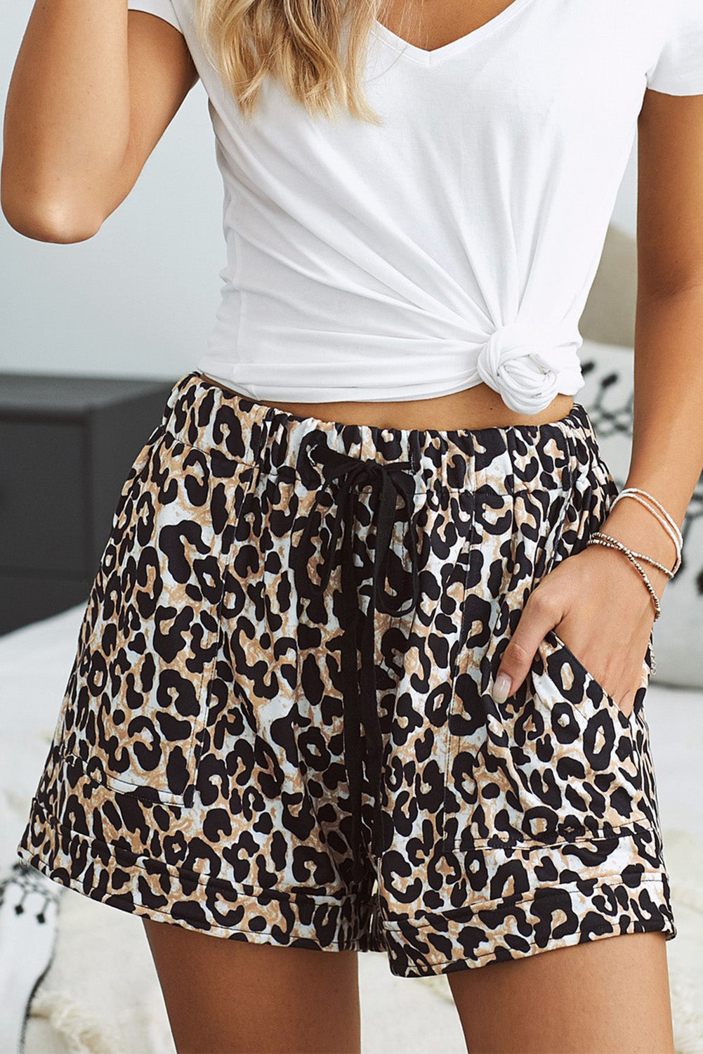 Load image into Gallery viewer, Full Size Leopard Drawstring Waist Shorts with Side Pockets

