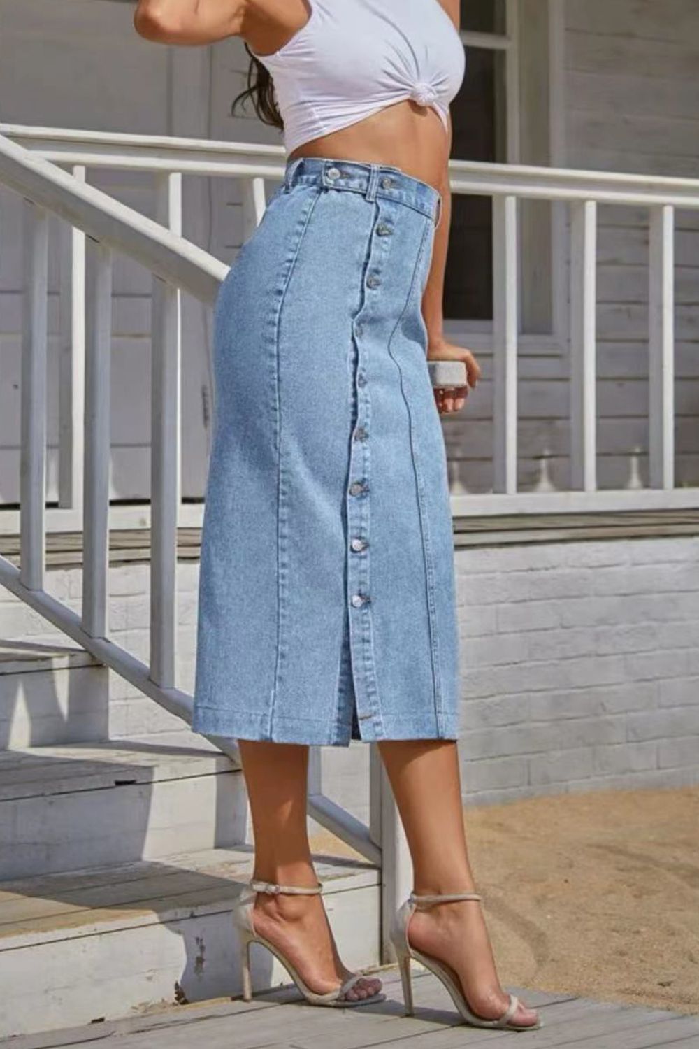 Button Fly Split Denim Skirt