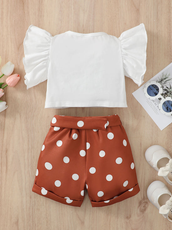Girls Graphic Butterfly Sleeve Top and Polka Dot Shorts Set