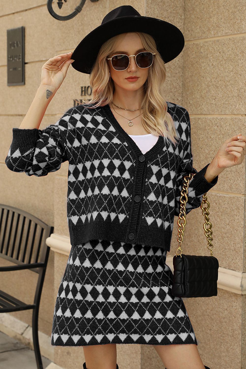 Load image into Gallery viewer, Geometric Dropped Shoulder Cardigan and Knit Skirt Set
