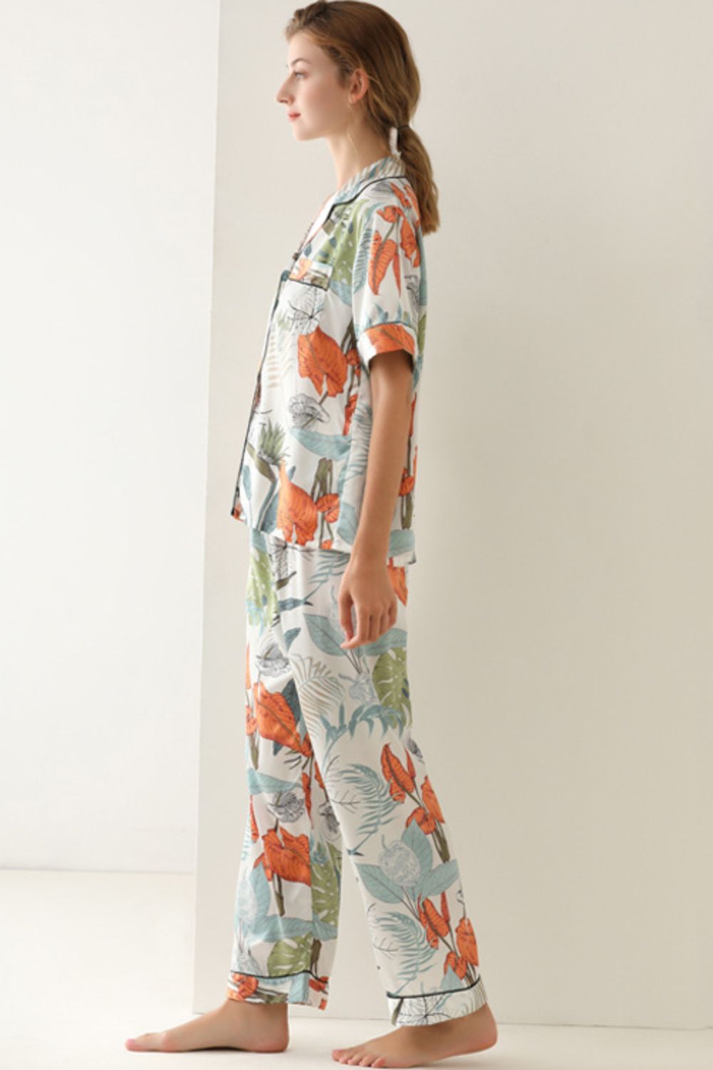 Load image into Gallery viewer, Botanical Print Button-Up Top and Pants Pajama Set
