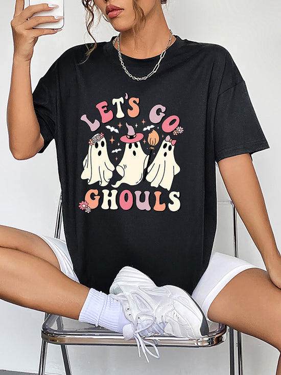 Round Neck Short Sleeve LET'S GO GHOULS Graphic T-Shirt