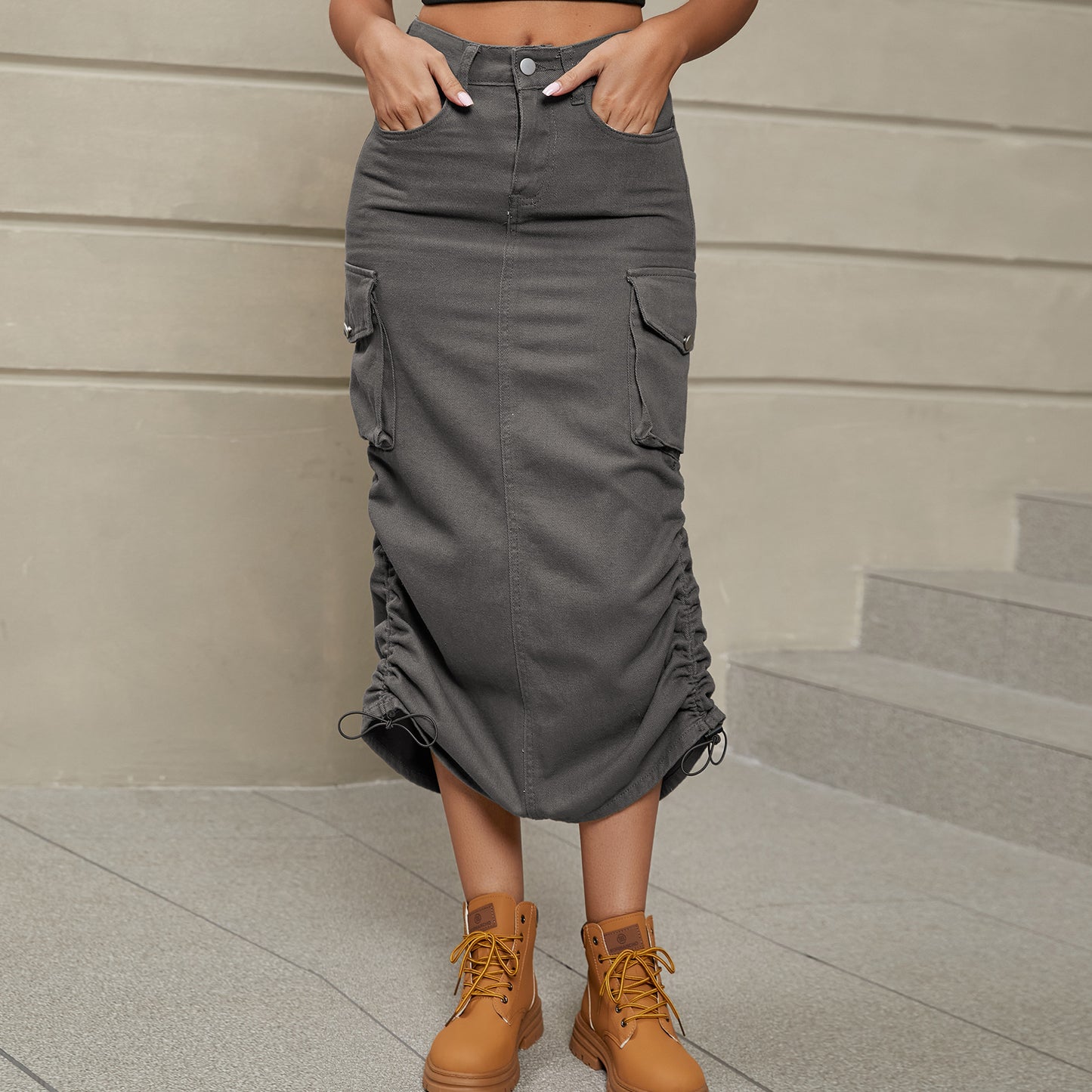 Load image into Gallery viewer, Drawstring Ruched Slit Denim Midi Skirt
