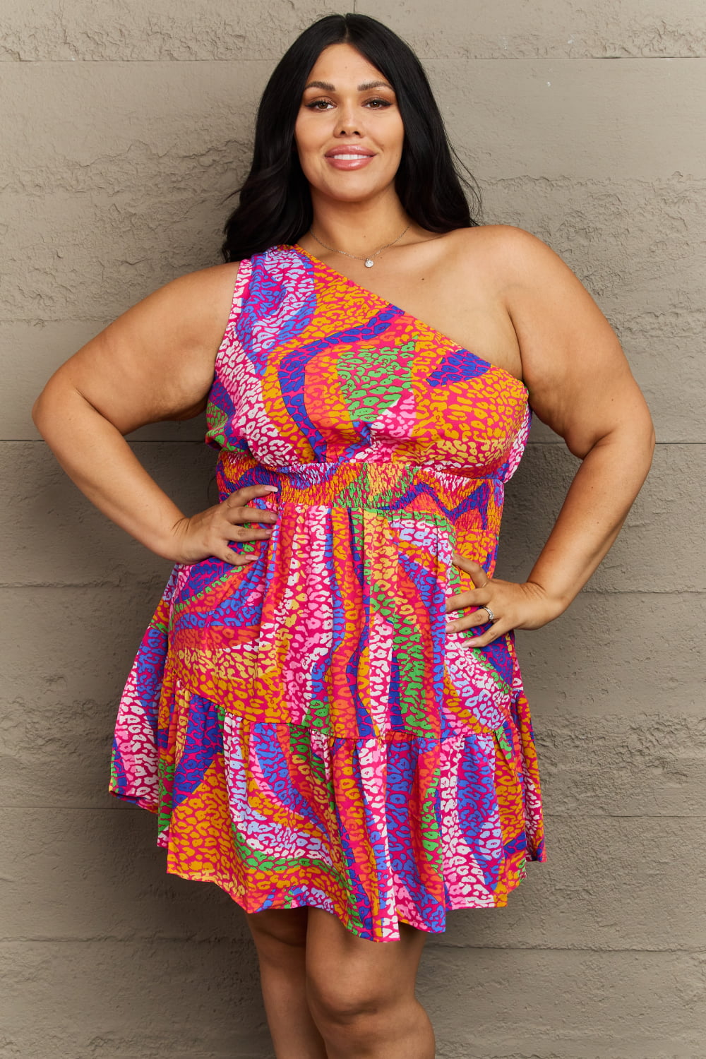 Load image into Gallery viewer, Hailey &amp;amp; Co Fall Back Plus Size One Shoulder Mini Tiered Dress

