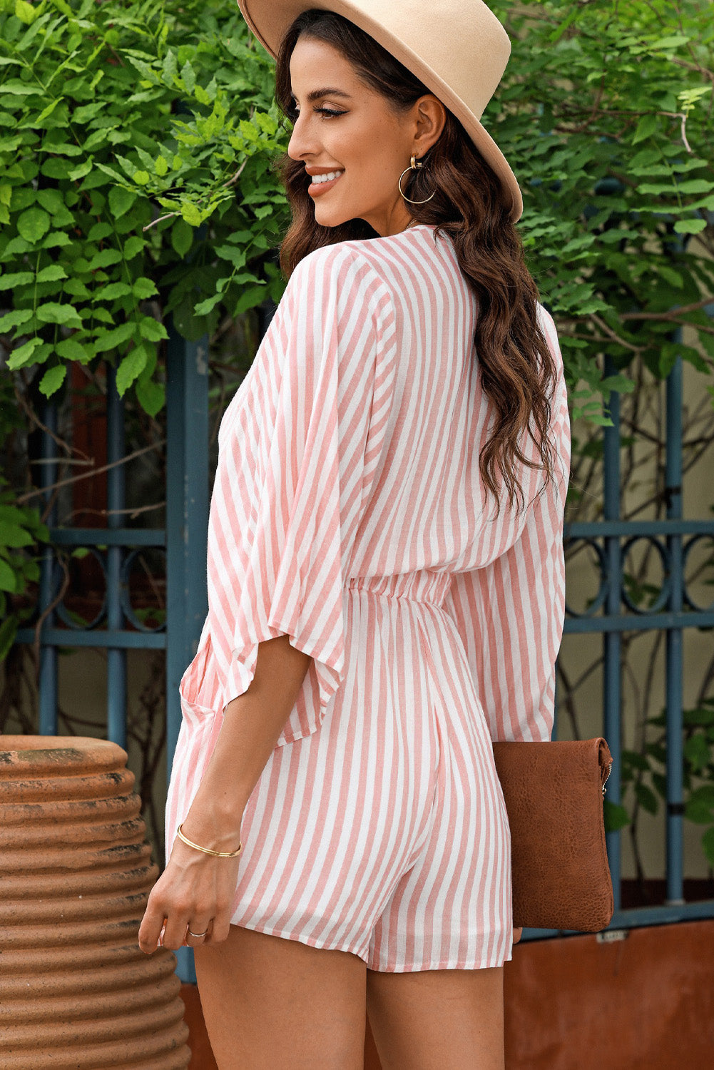 Load image into Gallery viewer, Striped Tie Front Three-Quarter Sleeve Romper
