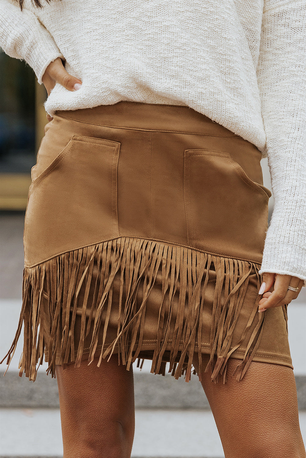 Load image into Gallery viewer, Fringe Detail Zip-Back Skirt with Pockets
