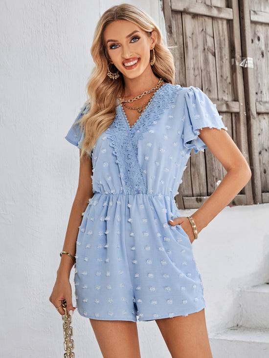 Load image into Gallery viewer, Swiss Dot Lace Trim Flutter Sleeve Romper with Pockets
