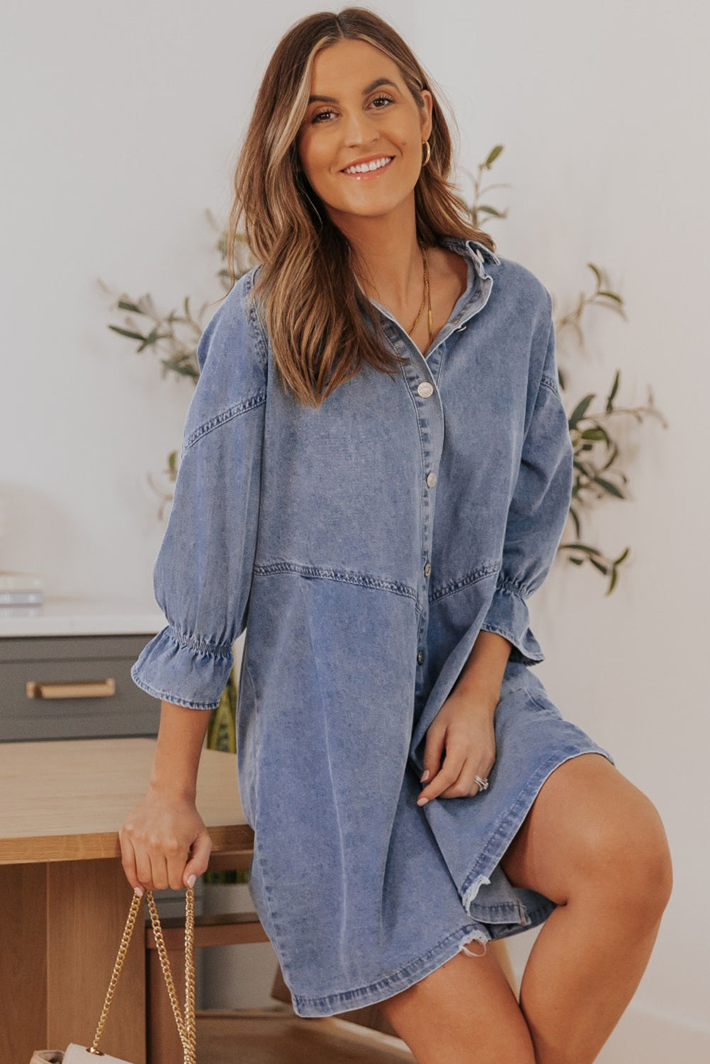 Load image into Gallery viewer, Collared Neck Flounce Sleeve Denim Mini Dress
