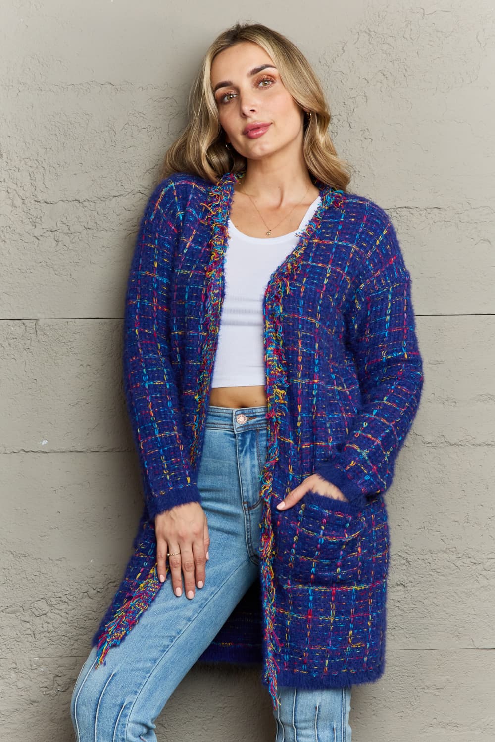 Load image into Gallery viewer, Plaid Fringe Trim Open Front Longline Cardigan
