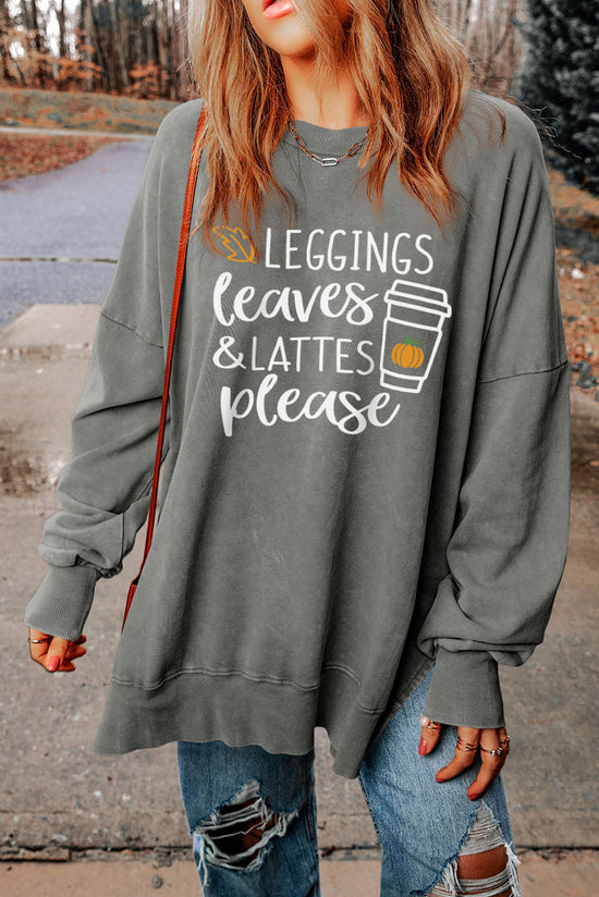 Load image into Gallery viewer, Round Neck Dropped Shoulder LEGGINGS LEAVES LATTES PLEASE Graphic Sweatshirt

