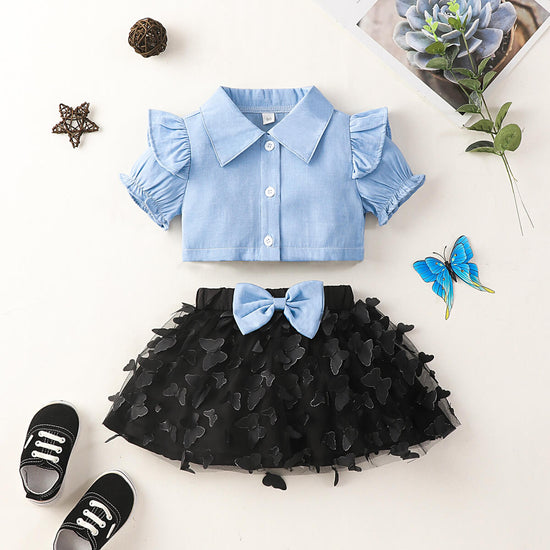 Load image into Gallery viewer, Ruffle Shoulder Shirt and Butterfly Applique Skirt Set
