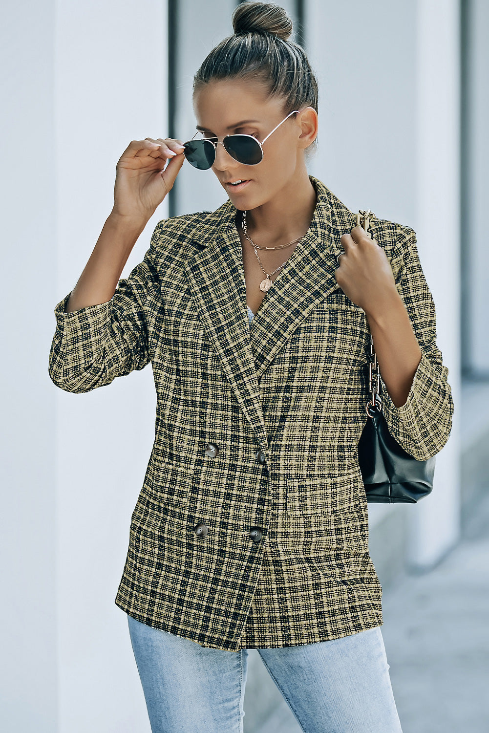 Load image into Gallery viewer, Plaid Double-Breasted Long Sleeve Blazer
