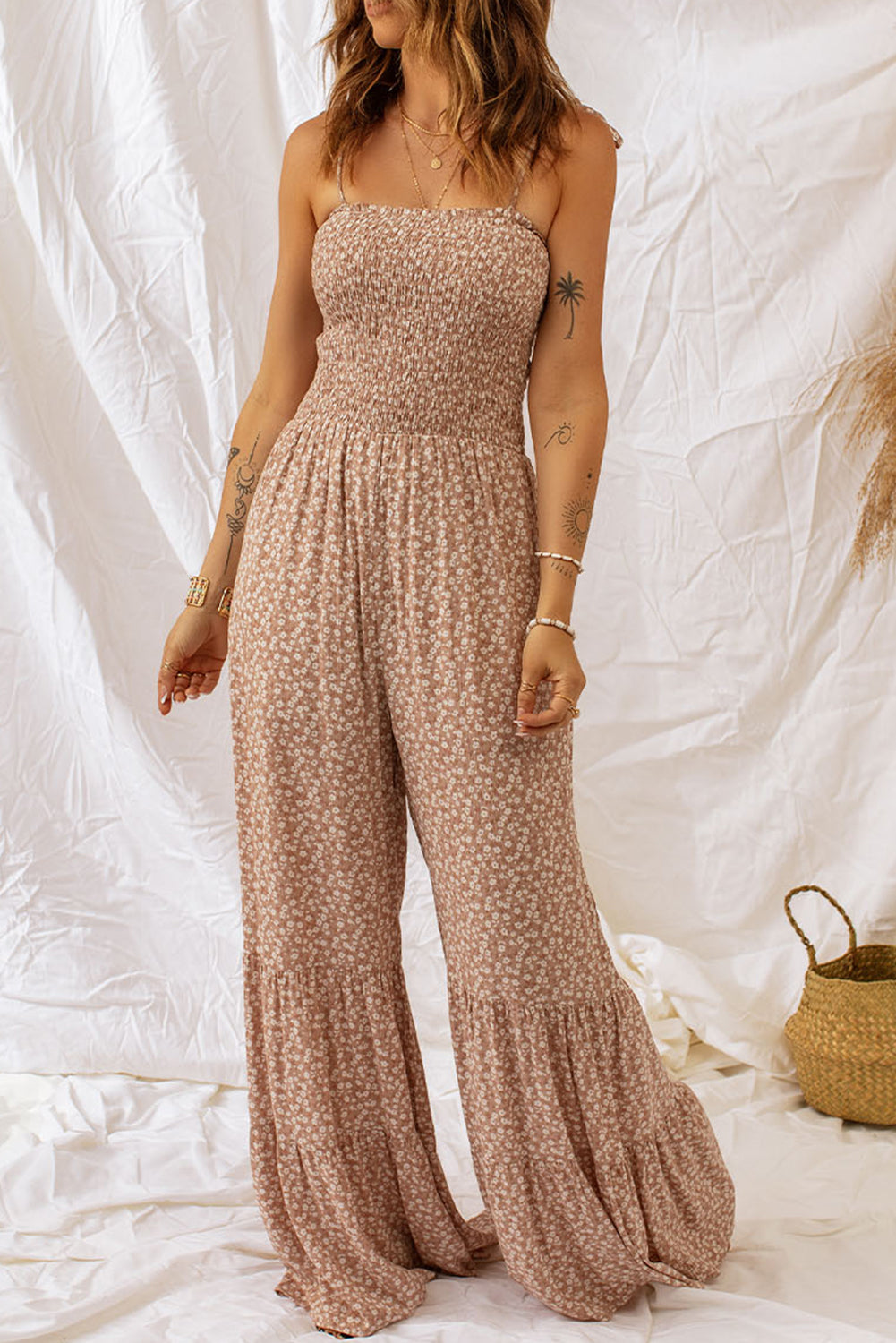 Load image into Gallery viewer, Floral Spaghetti Strap Smocked Wide Leg Jumpsuit

