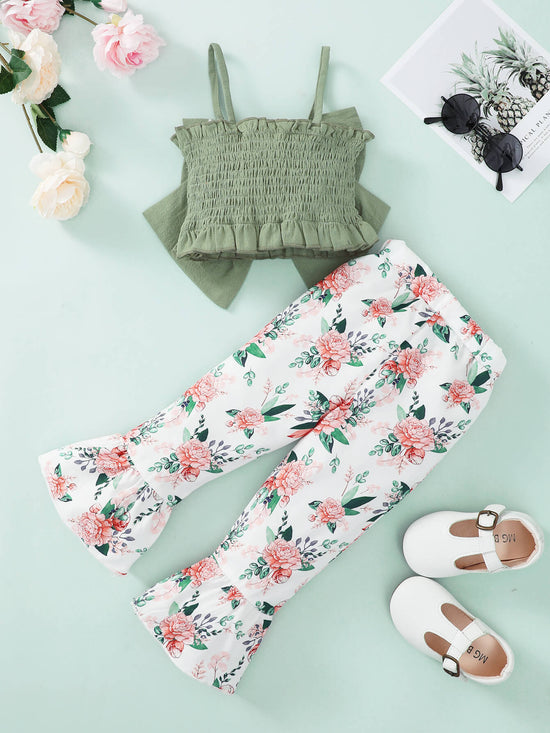 Load image into Gallery viewer, Girls Bow Detail Cami and Floral Flare Pants Set
