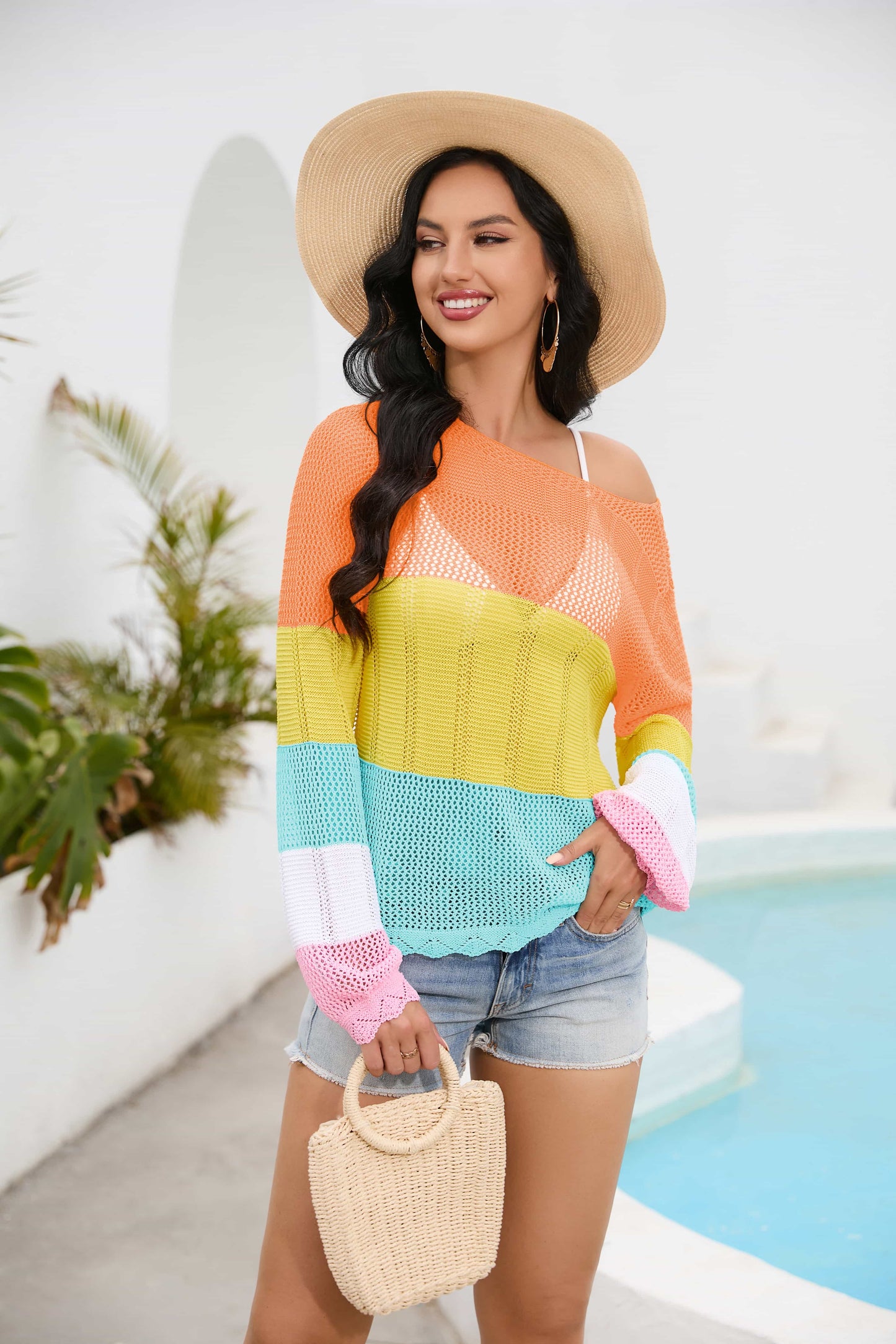 Load image into Gallery viewer, Color Block Boat Neck Sheer Cover Up
