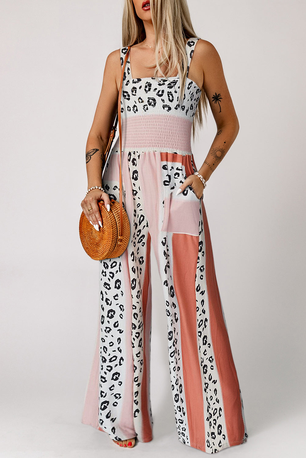 Load image into Gallery viewer, Leopard Color Block Smocked Jumpsuit
