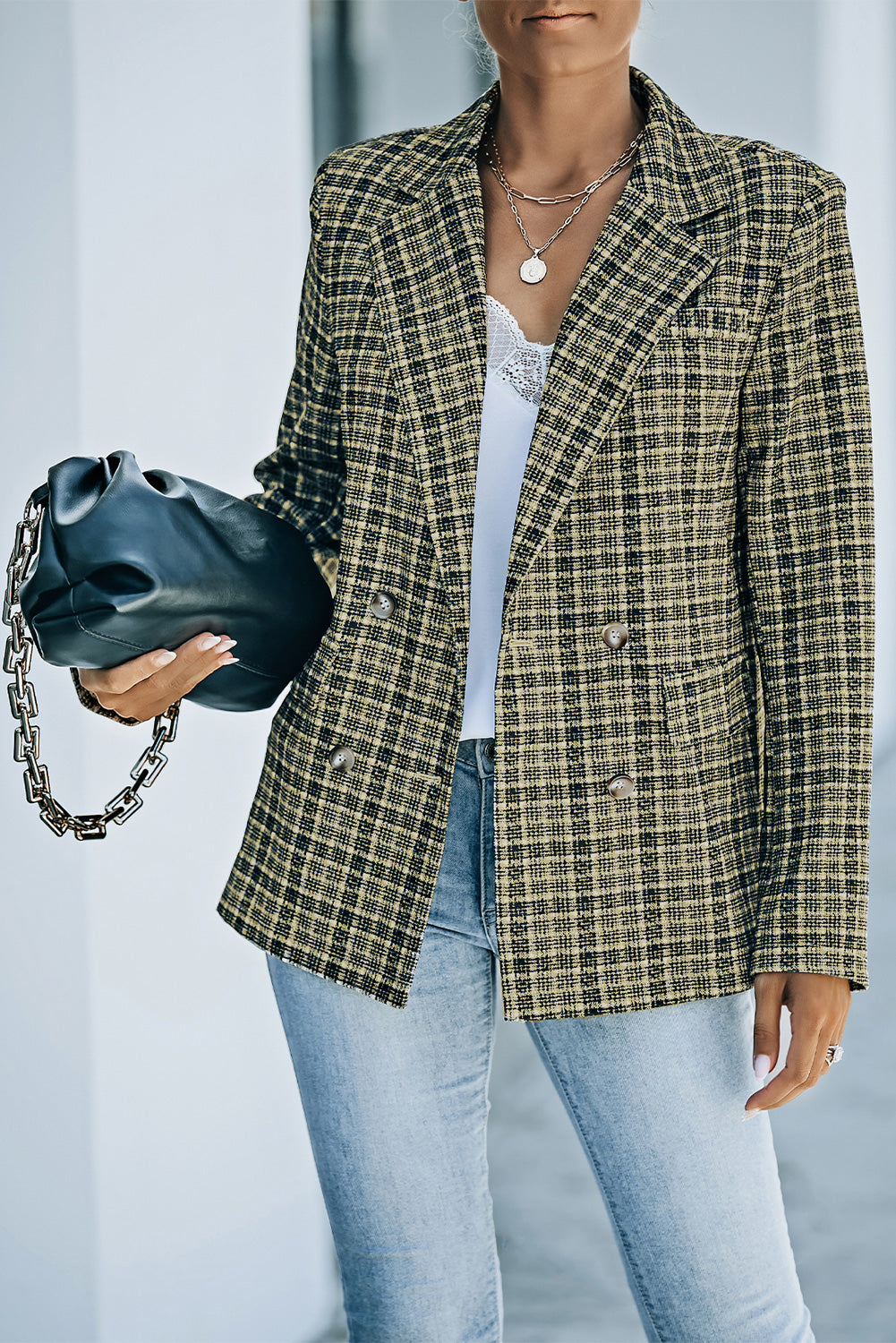 Load image into Gallery viewer, Plaid Double-Breasted Long Sleeve Blazer
