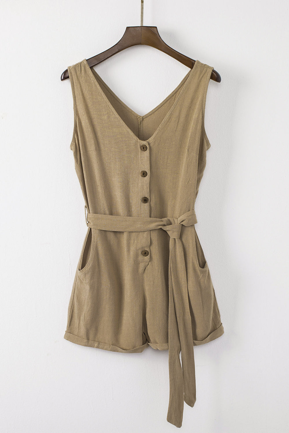 Load image into Gallery viewer, Tie-Waist Buttoned Plunge Sleeveless Romper
