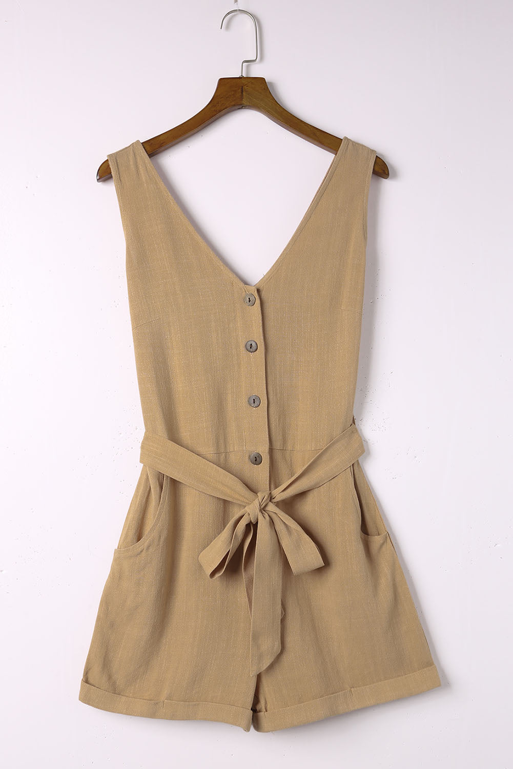 Load image into Gallery viewer, Tie-Waist Buttoned Plunge Sleeveless Romper
