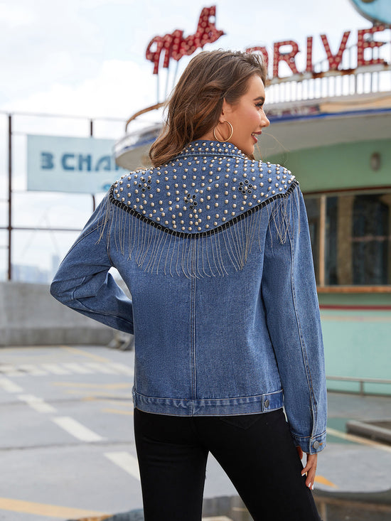 Load image into Gallery viewer, Studded Fringe Button Down Denim Jacket
